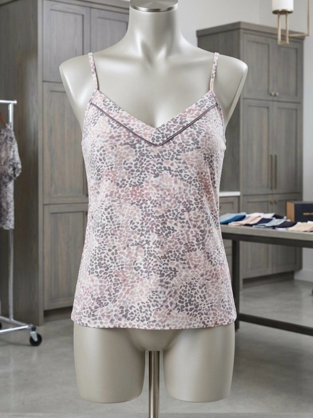 NWOT-Jockey Pink and Gray Leopard-Print Cami with Contrast Piping